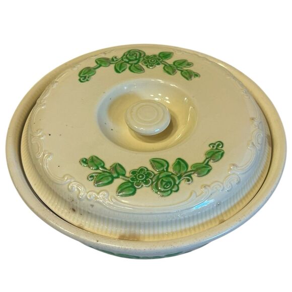 Homer Laughlin Oven Serve 1 Qt Casserole Dish Green Floral Vintage Cottagecore - Picture 2 of 14